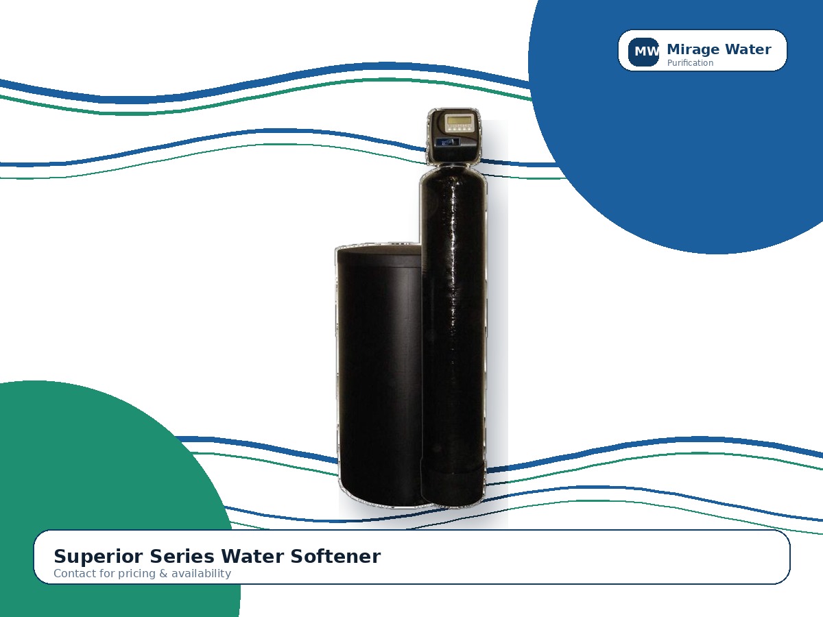 Superior Series Water Softener equipment photo on a Mirage Water branded white background