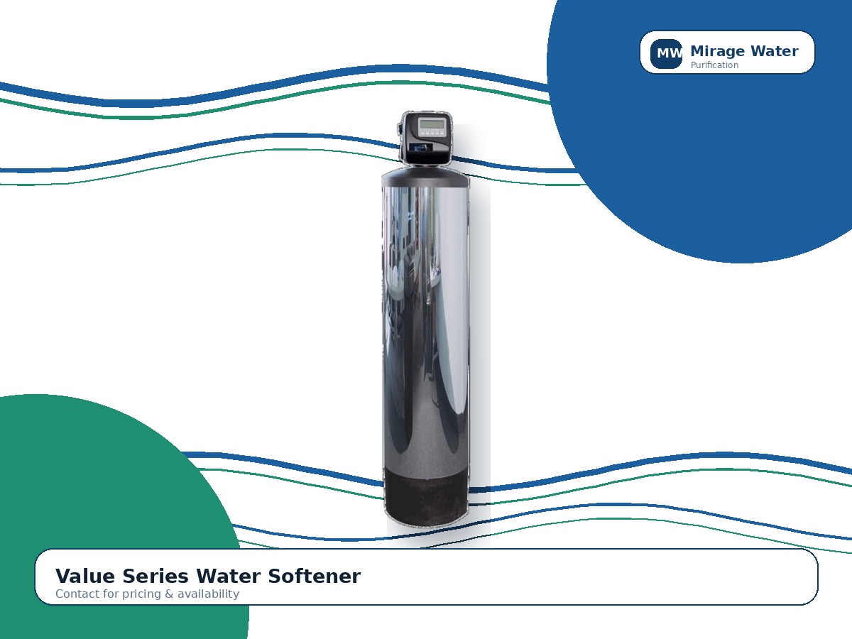 Value Series Water Softener equipment photo on a Mirage Water branded white background