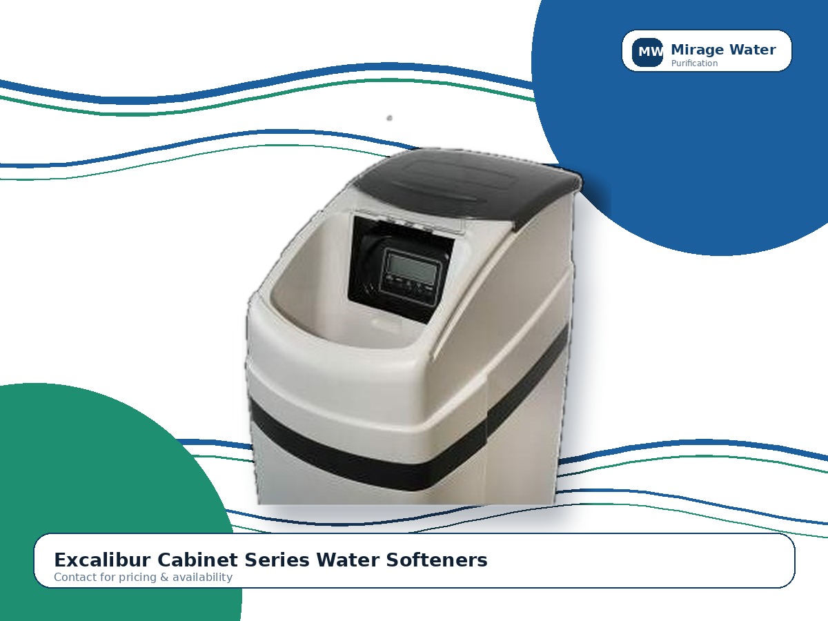 Excalibur Cabinet Series Water Softeners equipment photo on a Mirage Water branded white background
