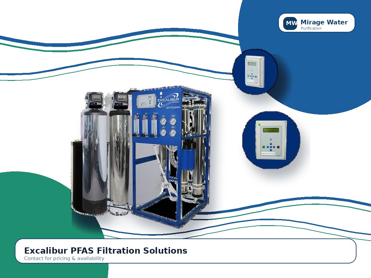 Excalibur PFAS Filtration Solutions equipment photo on a Mirage Water branded white background