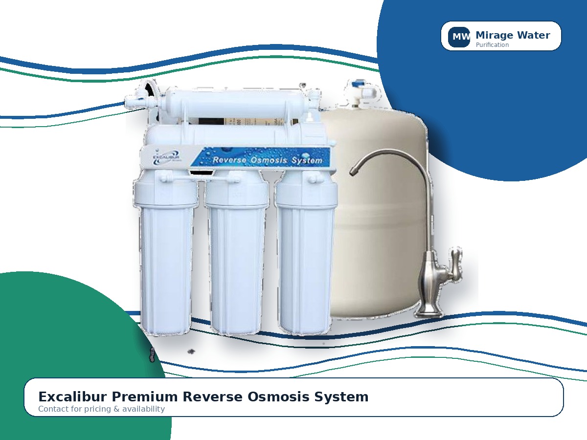 Excalibur Premium Reverse Osmosis System equipment photo on a Mirage Water branded white background