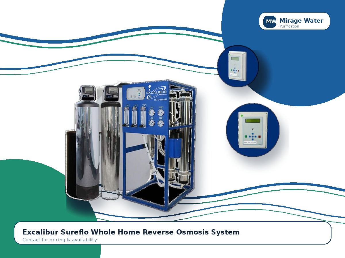 Excalibur Sureflo Whole Home Reverse Osmosis System equipment photo on a Mirage Water branded white background