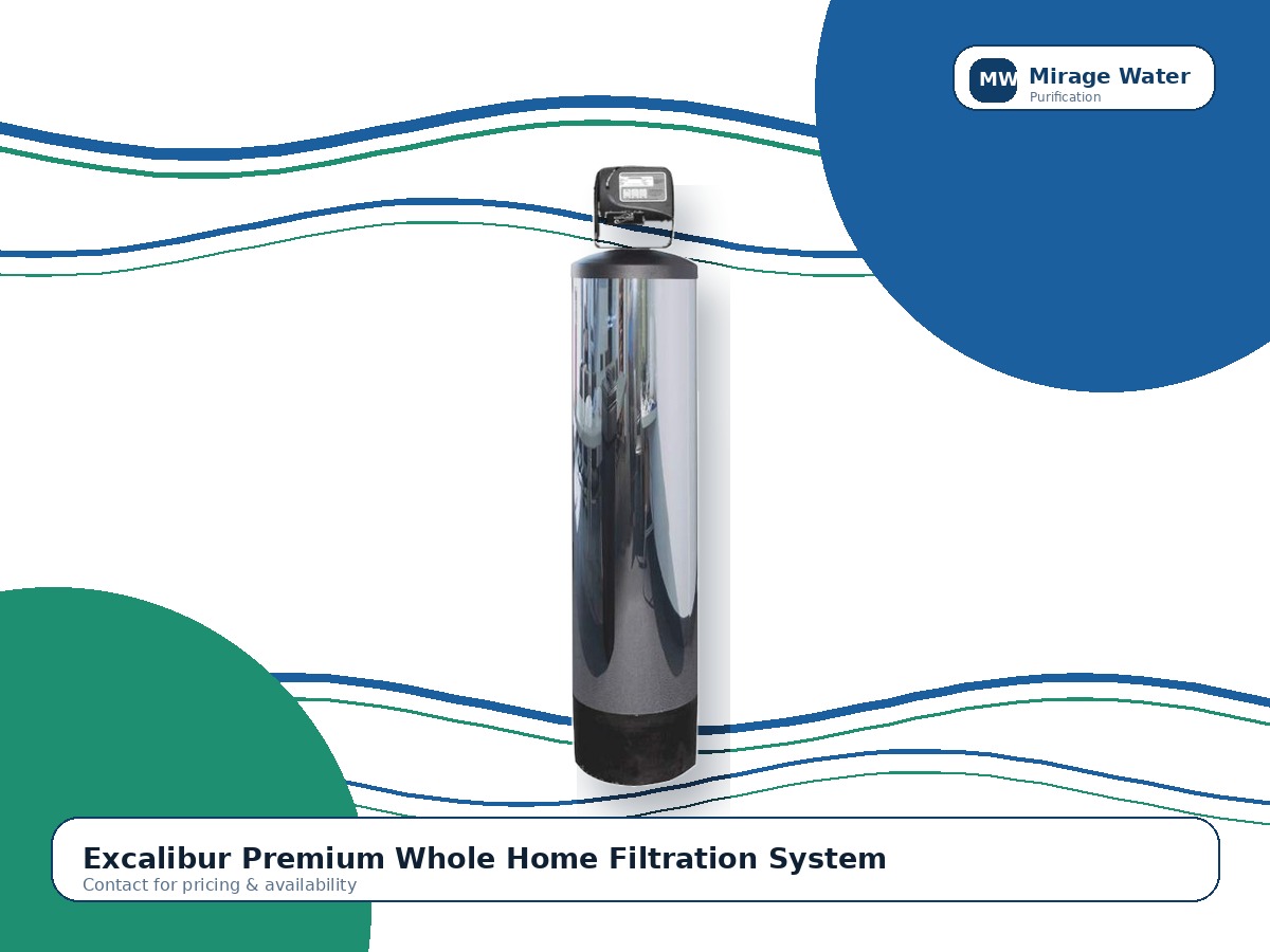 Excalibur Premium Whole Home Filtration System equipment photo on a Mirage Water branded white background